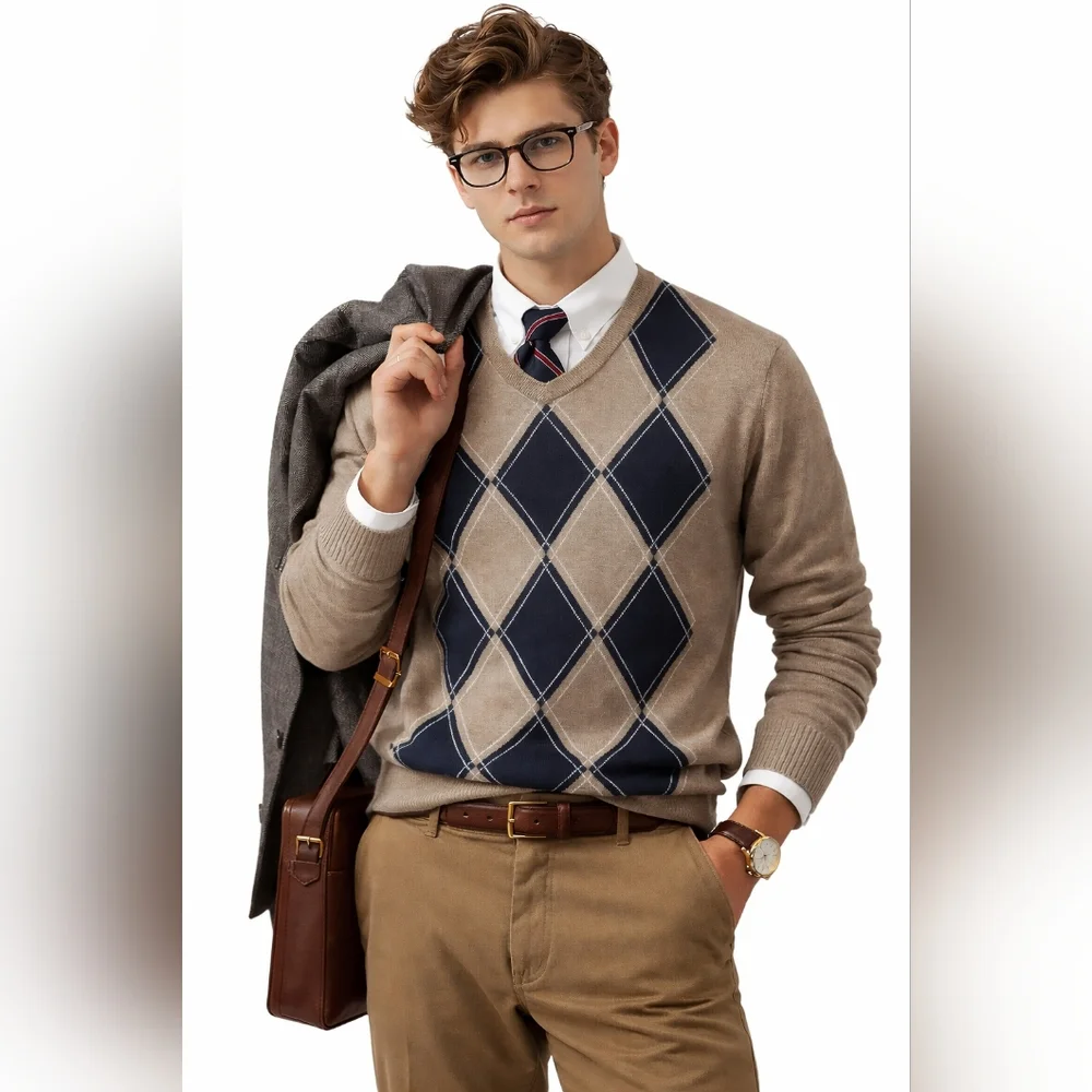 Tommy Hilfiger Argyle VNeck Sweater Taupe Navy Preppy Academia 100% Cotton Large